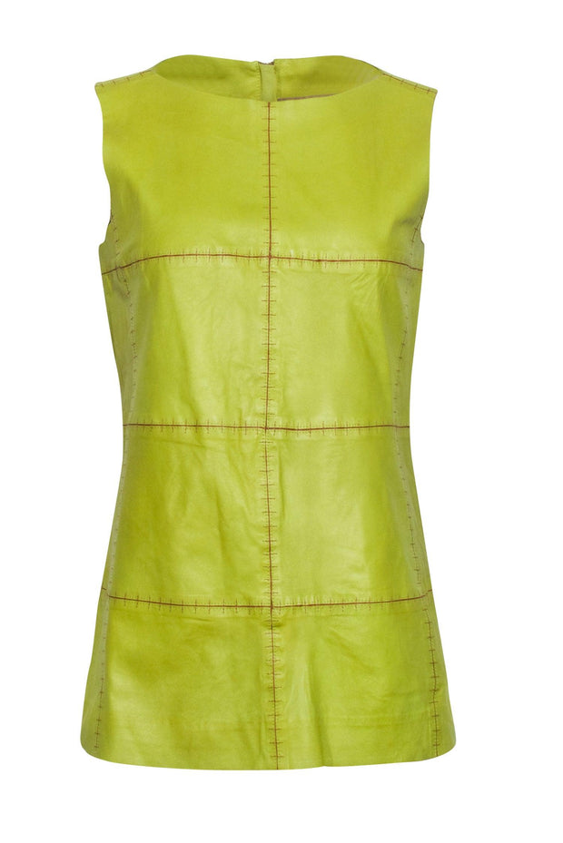 Current Boutique-Lafayette 148 - Green Leather Sleeveless Top w/ Contrast Stitching Sz S