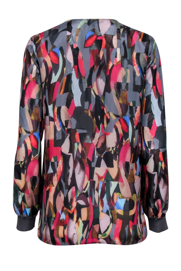 Current Boutique-Lafayette 148 - Grey & Multi Color Abstract Print Long Sleeve Collarless Shirt Sz S