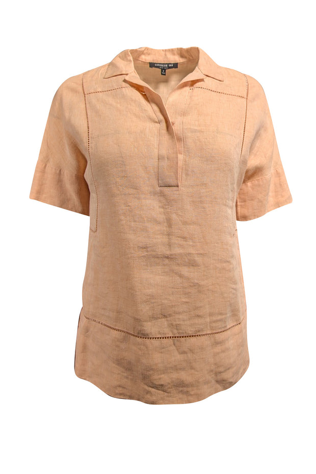 Current Boutique-Lafayette 148 - Light Peach Linen Short Sleeve Shirt Sz P