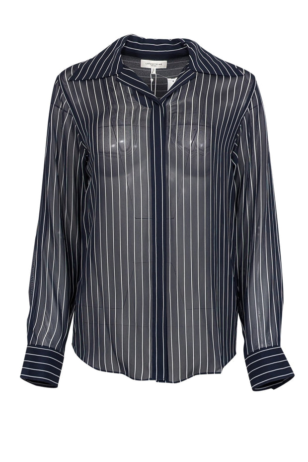 Current Boutique-Lafayette 148 - Midnight Navy & White Striped Semi-Sheer Blouse Sz XS