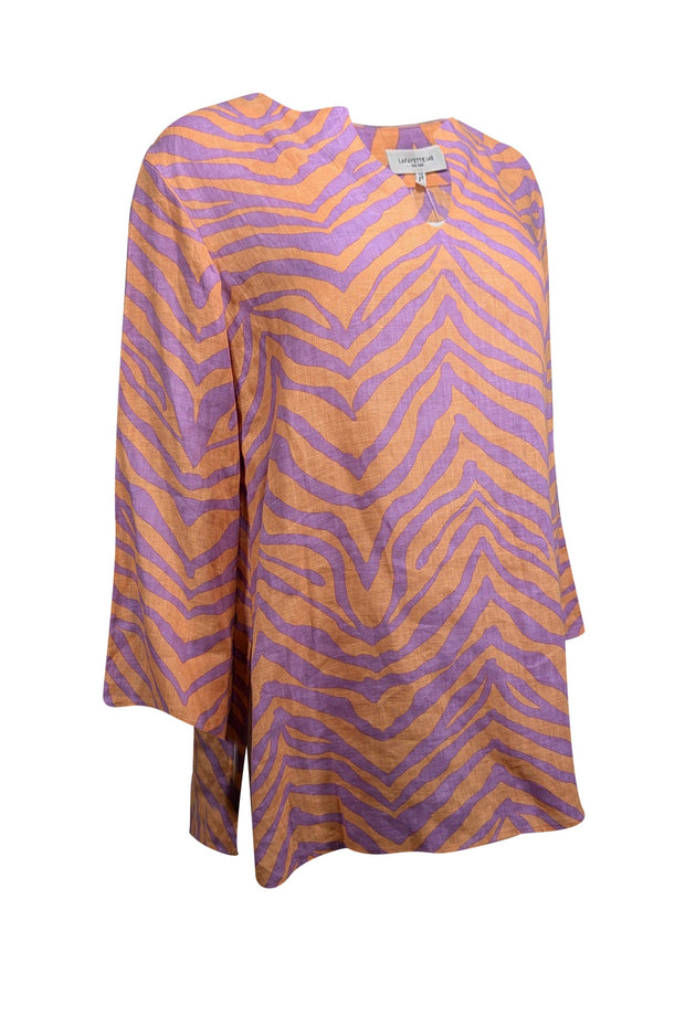 Current Boutique-Lafayette 148 - Orange & Purple Tiger Striped Linen Blouse Sz M