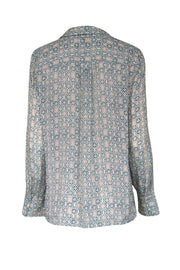 Current Boutique-Lafayette 148 - Pale Green, Ivory, Pink, & Navy Leaf Print Chiffon Shirt Sz M