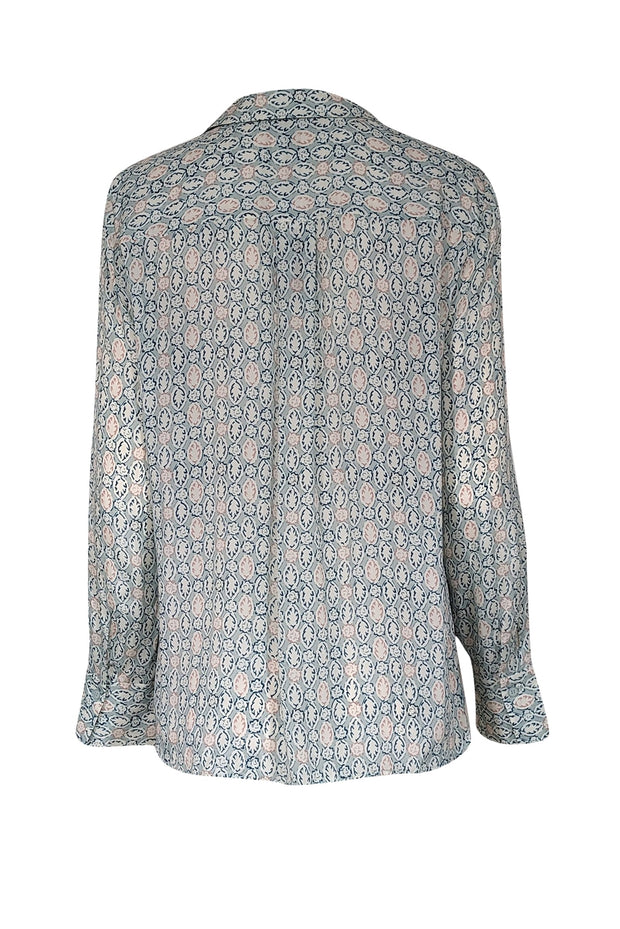 Current Boutique-Lafayette 148 - Pale Green, Ivory, Pink, & Navy Leaf Print Chiffon Shirt Sz M