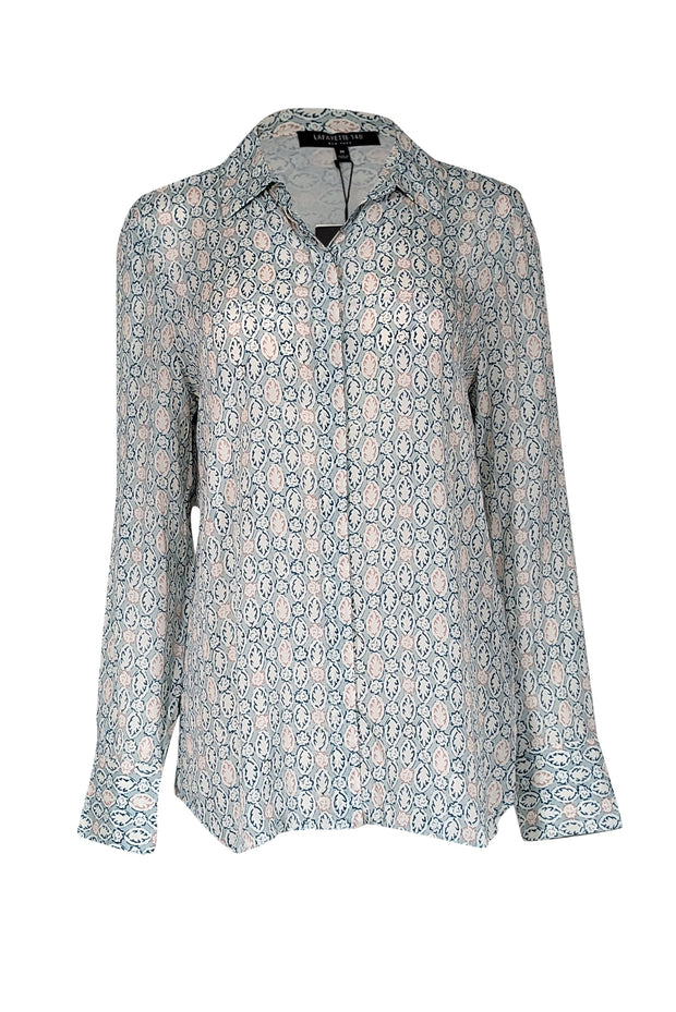 Current Boutique-Lafayette 148 - Pale Green, Ivory, Pink, & Navy Leaf Print Chiffon Shirt Sz M