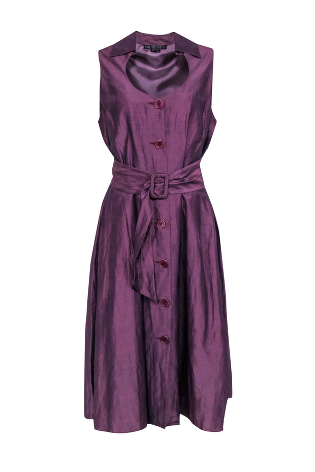 Current Boutique-Lafayette 148 - Purple Sleeveless Button Front Waist Sash Dress Sz 14