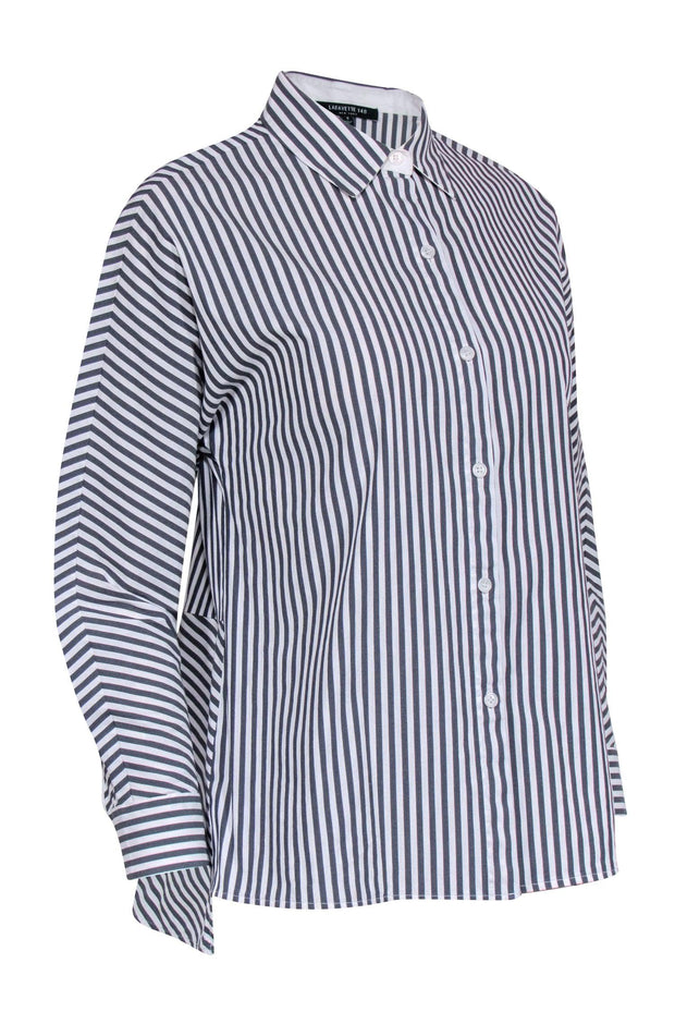 Current Boutique-Lafayette 148 - White & Grey Striped Cropped Sleeve Button-Up Sz S