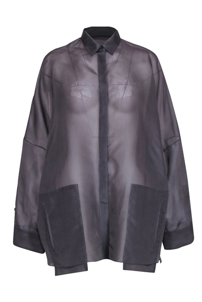 Current Boutique-Lapointe - Grey Silk Sheer Button-Up Oversized Blouse Sz S