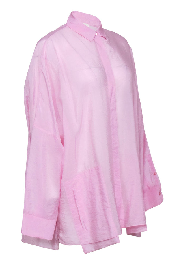 Current Boutique-Lapointe - Pink Sheer Textured Oversized Button-Up Blouse Sz S