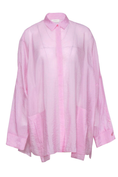 Current Boutique-Lapointe - Pink Sheer Textured Oversized Button-Up Blouse Sz S