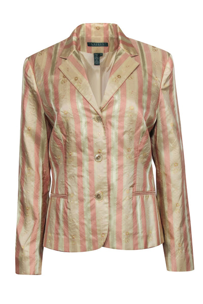 Current Boutique-Lauren Ralph Lauren - Beige & Pink Floral Striped Silk Blazer Sz 12