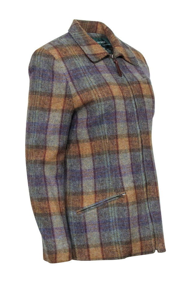Current Boutique-Lauren Ralph Lauren - Grey, Green, & Purple Plaid Zipper Jacket Sz 10