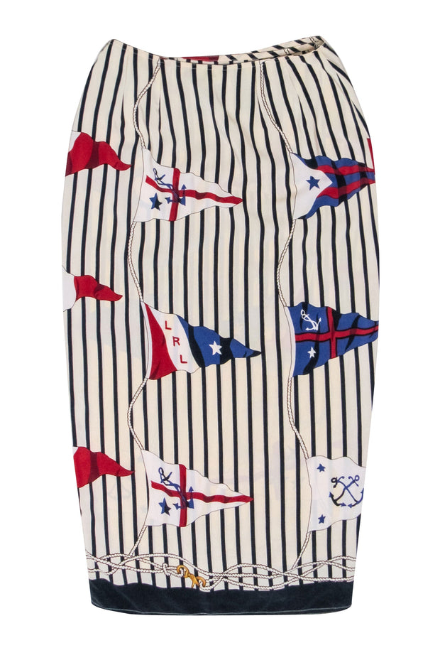 Current Boutique-Lauren Ralph Lauren - Ivory & Navy Striped Silk Skirt w/ Nautical Flags Sz 6P