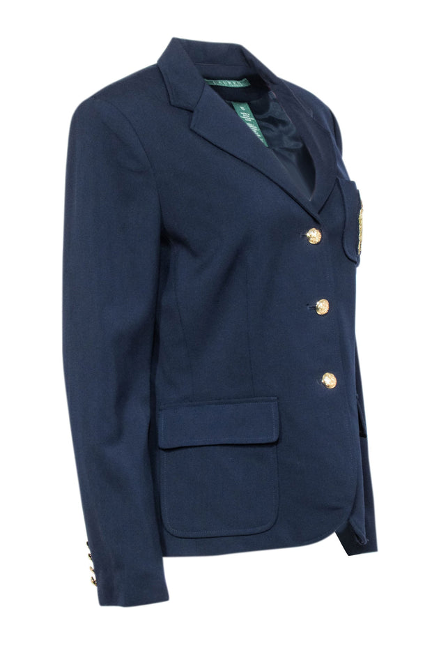 Current Boutique-Lauren Ralph Lauren - Navy Wool Crest Embellished Blazer Sz 10