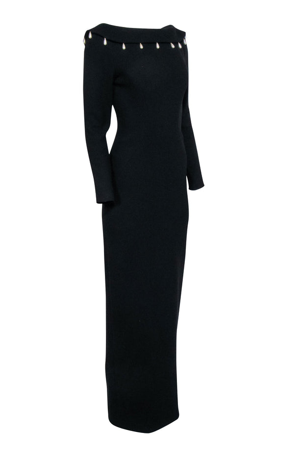 Current Boutique-Lela Rose - Black Low Back Pearl Trim Formal Dress Sz 6