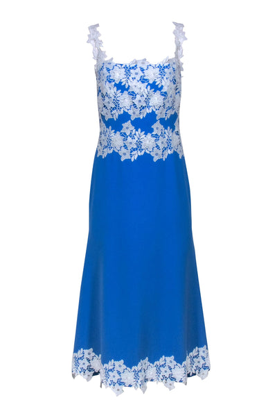 Current Boutique-Lela Rose - Blue Sleeveless Dress w/ White Lace Appliques Sz 6