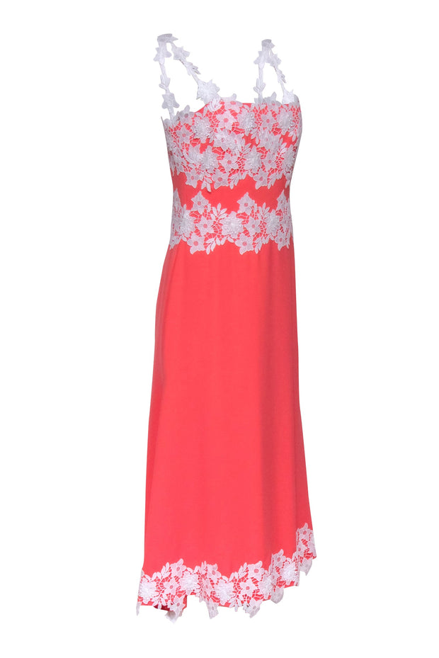 Current Boutique-Lela Rose - Coral Sleeveless Dress w/ Floral Lace Appliques Sz 8