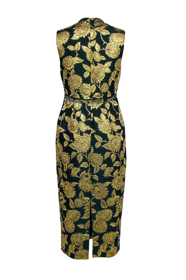 Current Boutique-Lela Rose - Green & Gold Floral Jacquard Midi Dress Sz 6
