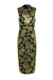 Current Boutique-Lela Rose - Green & Gold Floral Jacquard Midi Dress Sz 6