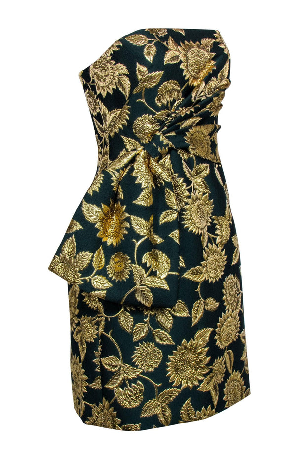 Current Boutique-Lela Rose - Green & Gold Floral Jacquard Strapless Dress Sz 6