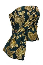 Current Boutique-Lela Rose - Green & Gold Floral Jacquard Strapless Top Sz 6