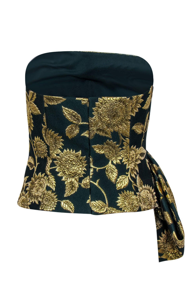 Current Boutique-Lela Rose - Green & Gold Floral Jacquard Strapless Top Sz 6
