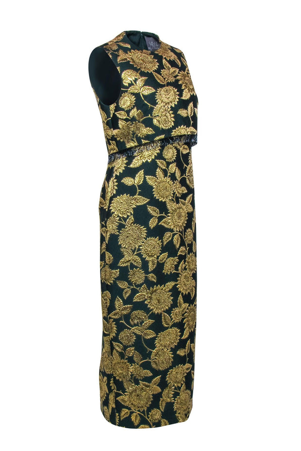 Current Boutique-Lela Rose - Green & Gold Jacquard Beaded Trim Formal Dress Sz 6