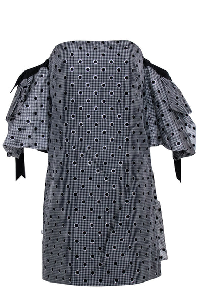 Current Boutique-Lela Rose - Grey & Black Gingham w/ Polka Dot Detail Off The Shoulder Dress Sz 6