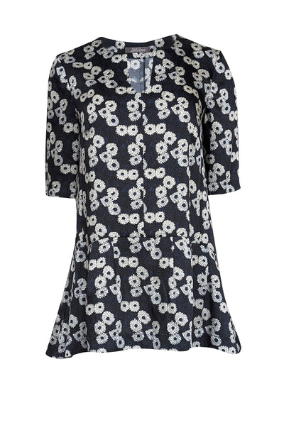 Current Boutique-Lela Rose - Navy, Blue, & Cream Print Short Sleeve Tunic Blouse Sz 4