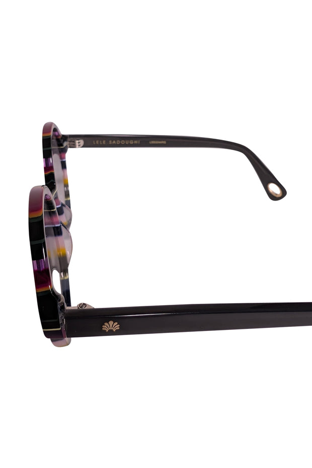 Current Boutique-Lele Sadoughi - Black & Pink Stripe Round Sunglasses