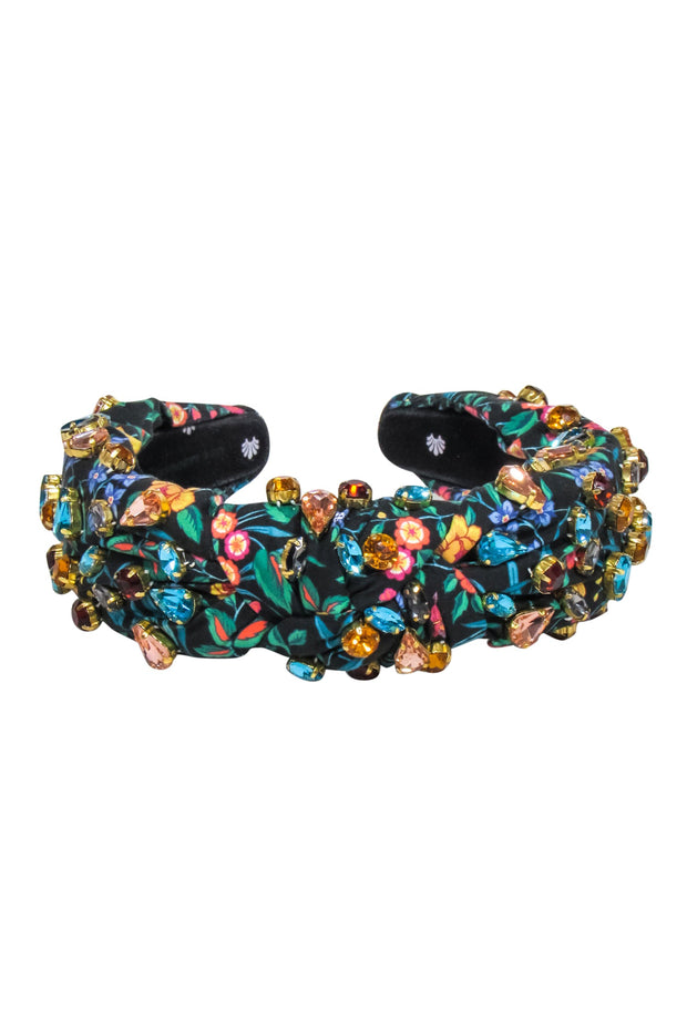 Current Boutique-Lele Sadoughi - Black w/ Multi color Floral Print & Jewels Headband