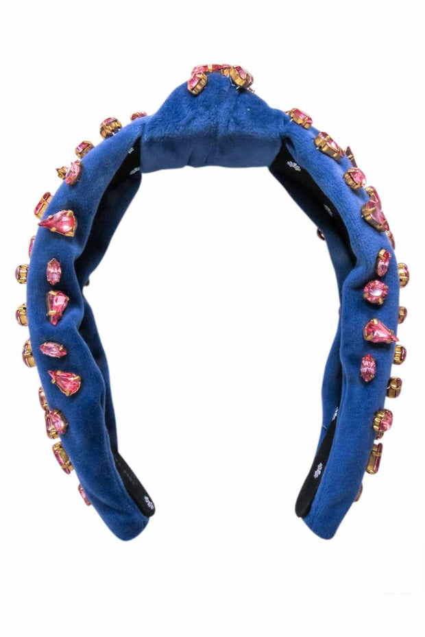 Current Boutique-Lele Sadoughi - Blue Velour Headband w/ Pink Gem Embellishments