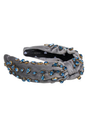Current Boutique-Lele Sadoughi - Grey Velour Knot Front Headband w/ Blue Jewel Embellishments