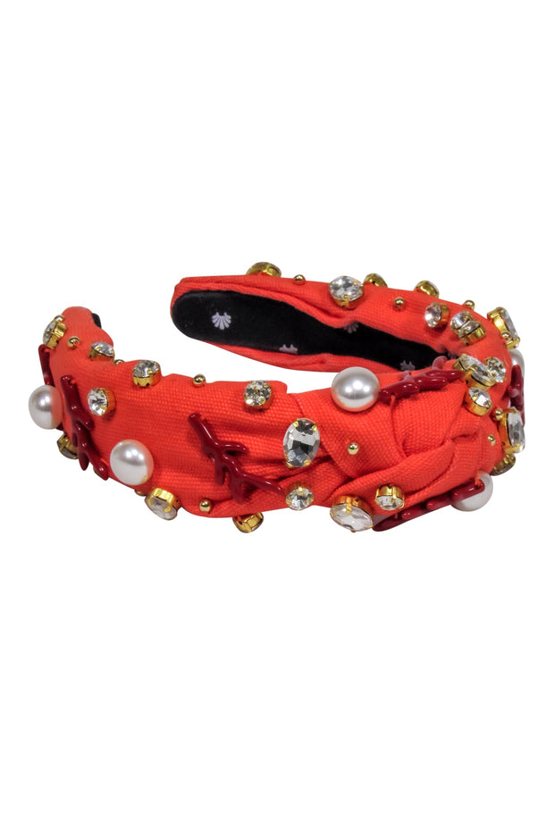 Current Boutique-Lele Sadoughi - Orange Knot Front Jewel, Pearl, and Red Coral Embellished Headband