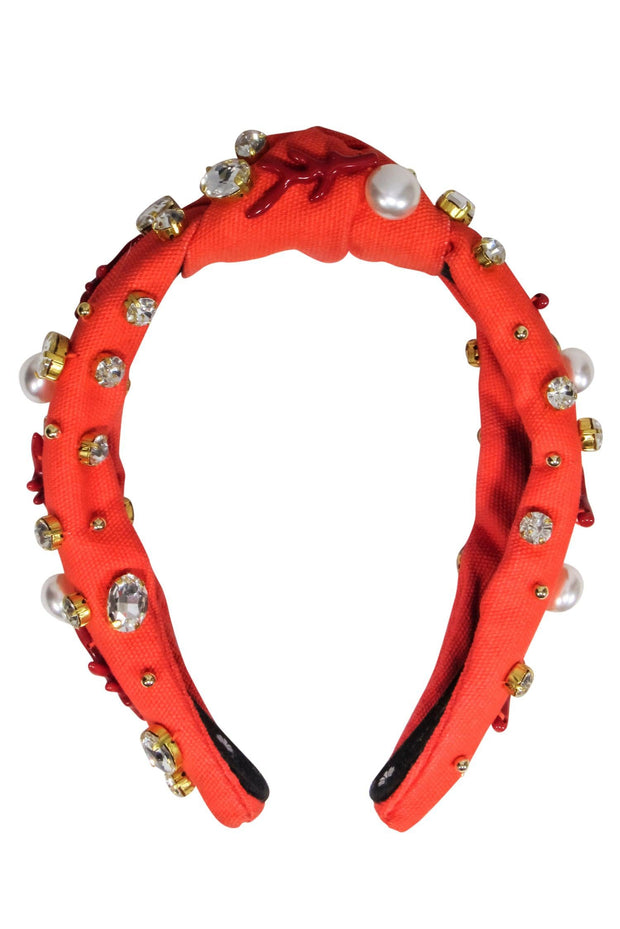 Current Boutique-Lele Sadoughi - Orange Knot Front Jewel, Pearl, and Red Coral Embellished Headband