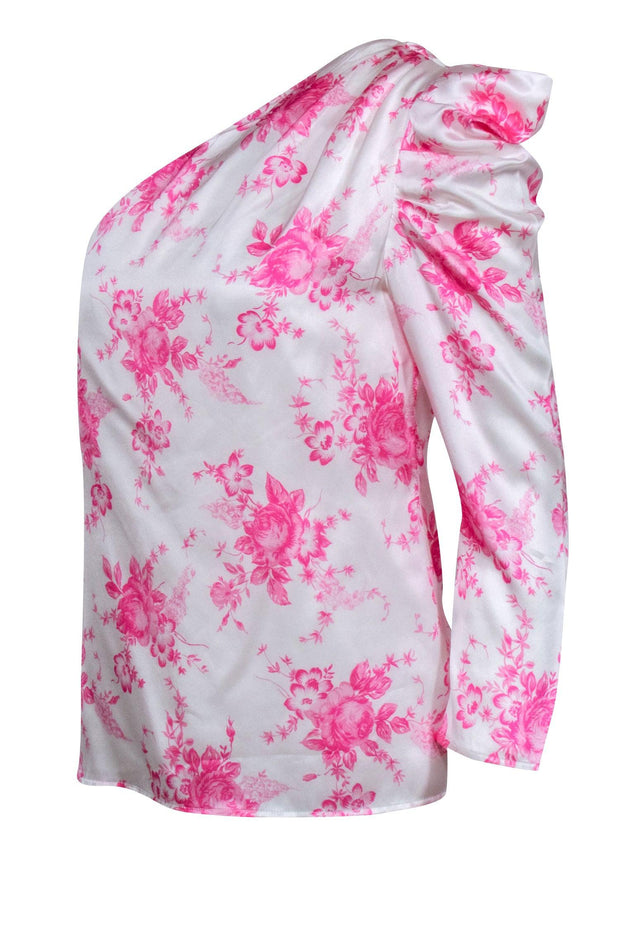 Current Boutique-Les Reveries - White w/ Pink Floral Print One Shoulder Sleeve Top Sz 2