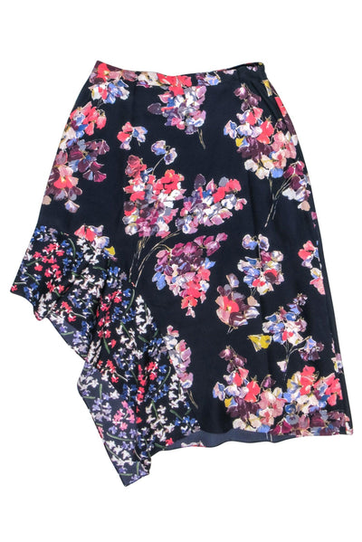 Current Boutique-Lewit - Navy w/ Multicolor Floral Print Silk Asymmetrical Midi Skirt Sz 14