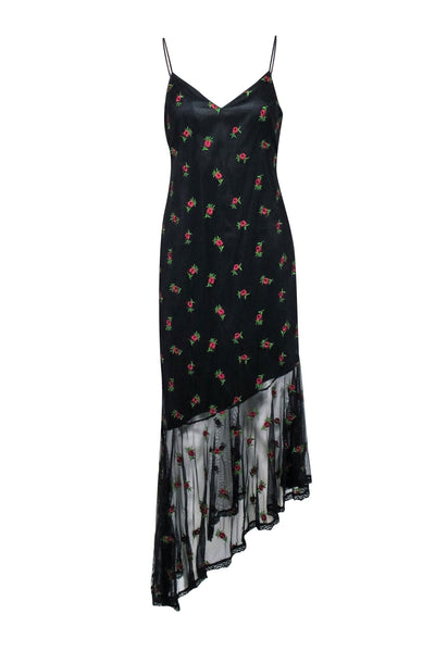 Current Boutique-Likely - Black w/ Pink Floral Embroidered Mesh Asymmetrical Hem Dress Sz 10