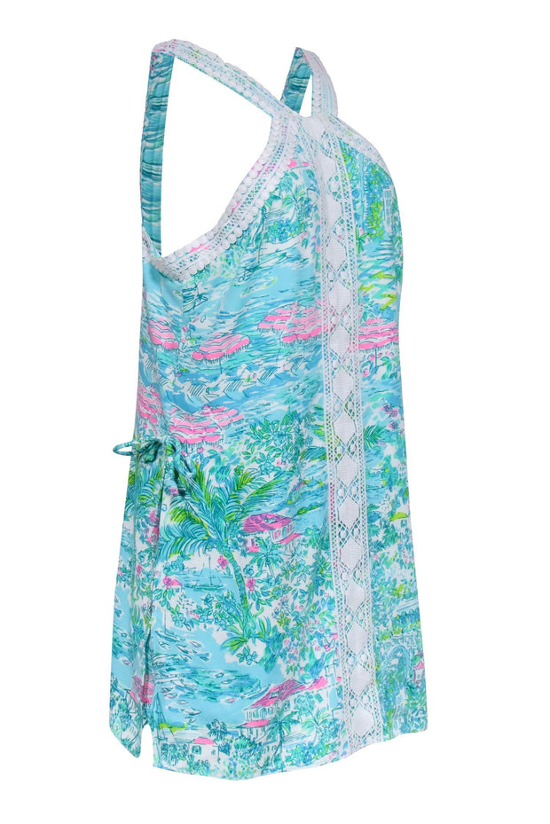 Current Boutique-Lilly Pulitzer - Blue, Green, & Pink Tropical Print Romper w/ Lace Trim Sz 12