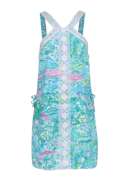 Current Boutique-Lilly Pulitzer - Blue, Green, & Pink Tropical Print Romper w/ Lace Trim Sz 12