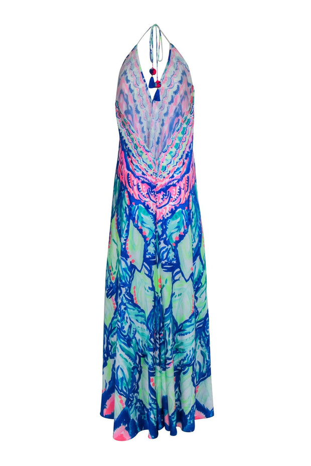Current Boutique-Lilly Pulitzer - Blue & Pink Multi Color Print Halter Maxi Dress Sz M