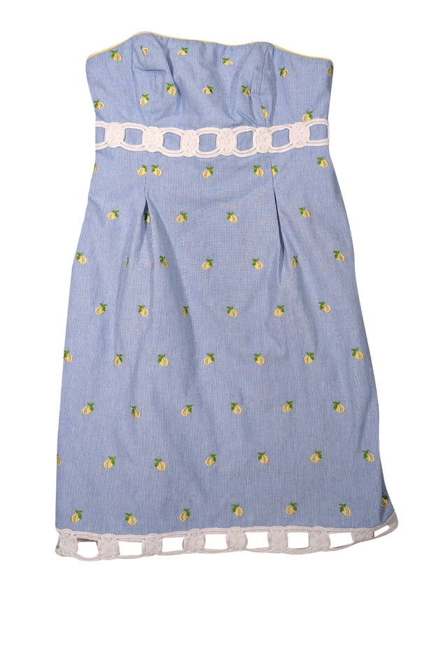 Current Boutique-Lilly Pulitzer - Blue & White Striped Strapless Dress w/ Lemon Embroidery Sz 2