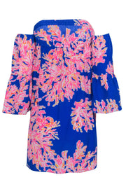 Current Boutique-Lilly Pulitzer - Blue w/ Pink & Orange Coral Reef Print Off The Shoulder Dress Sz XS