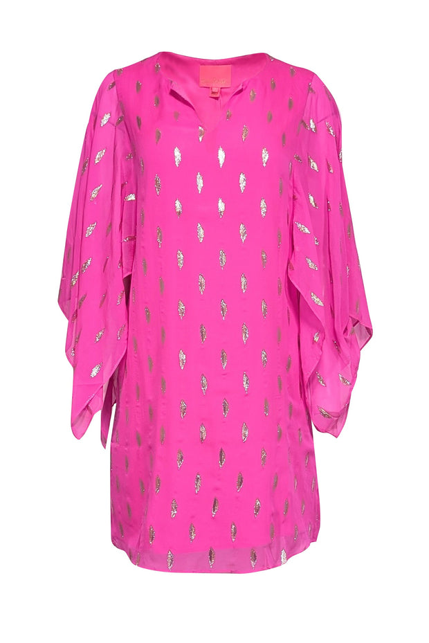 Current Boutique-Lilly Pulitzer - Bright Pink Silk Caftan Dress w/ Metallic Clip Dot Pattern Sz 2