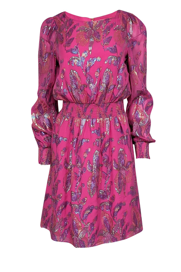 Current Boutique-Lilly Pulitzer - Fuchsia w/ Metallic Gold & Purple Floral Print Silk Dress Sz 6