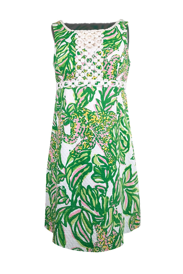 Current Boutique-Lilly Pulitzer - Green, White, & Pink Printed Dobby Dress w/ Embroidery Sz 8