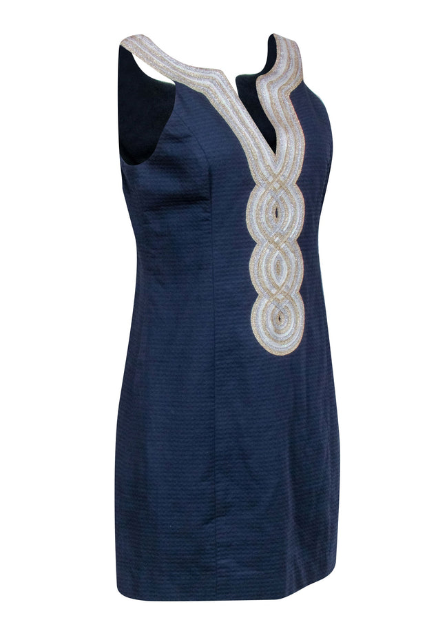 Current Boutique-Lilly Pulitzer - Navy Textured Sleeveless Dress w/ Gold & Silver Middle Trim Sz 8