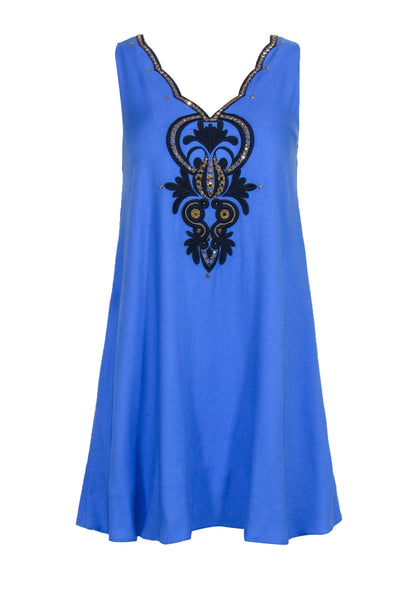 Current Boutique-Lilly Pulitzer - Periwinkle Blue Sleeveless Shift Dress w/ Gold stone V Trim Sz XXS