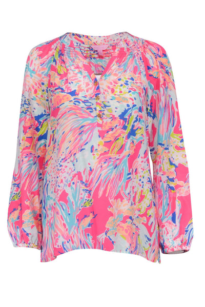 Lilly Pulitzer - Pink & Blue Coral Ocean Print Silk Blouse Sz S