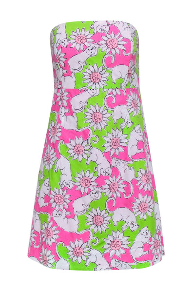 Current Boutique-Lilly Pulitzer - Pink & Green Strapless Dress w/ Leopardsr Detail Sz 8