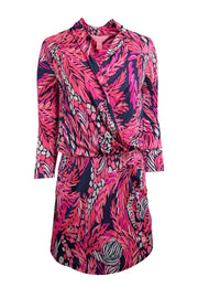 Current Boutique-Lilly Pulitzer - Pink & Navy Leaf Print Silk Blouson Dress Sz XS